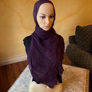 100% silk beaded hijab scarf plum color